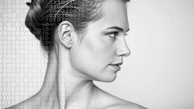 Digital woman profile showcasing binary code analysis, emphasizing technology and data insights in compelling visual narrative. National Webmistress Day