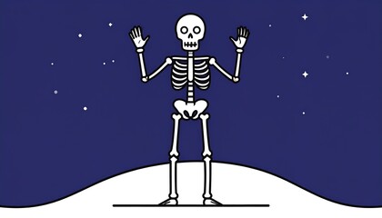 A simple, stylized skeleton stands on a hill against a night sky dotted with stars, radiating a peaceful and whimsical feeling.