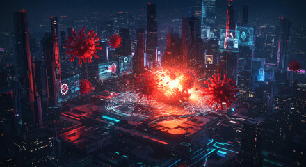 Abstract Digital Cityscape with Viral Elements and Explosive Energy Bursts