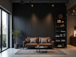 Fototapeta premium Industrial Minimalist Living Room with Matte Black Wall and Steel-Framed Balcony Door.