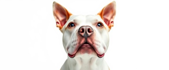 White background, upward facing pitbull, alert expression,   dog photography,  stock photo