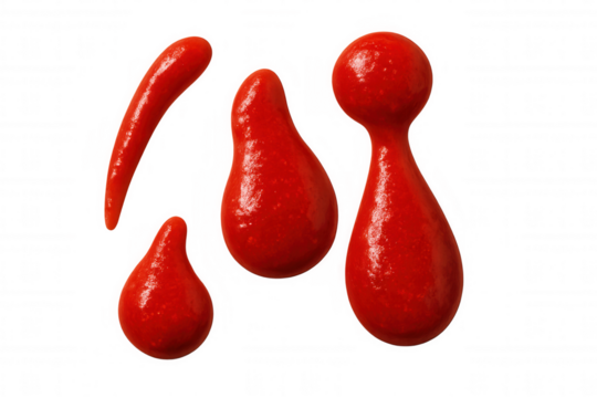 Vibrant red ketchup droplets splashing on clear surface, enhancing culinary graphic elements with condiment visual accent