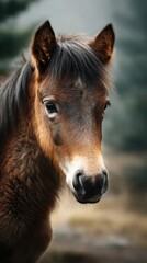 Obraz premium Young horse stands gracefully in the soft sunlight, showcasing its gentle features and curious expression