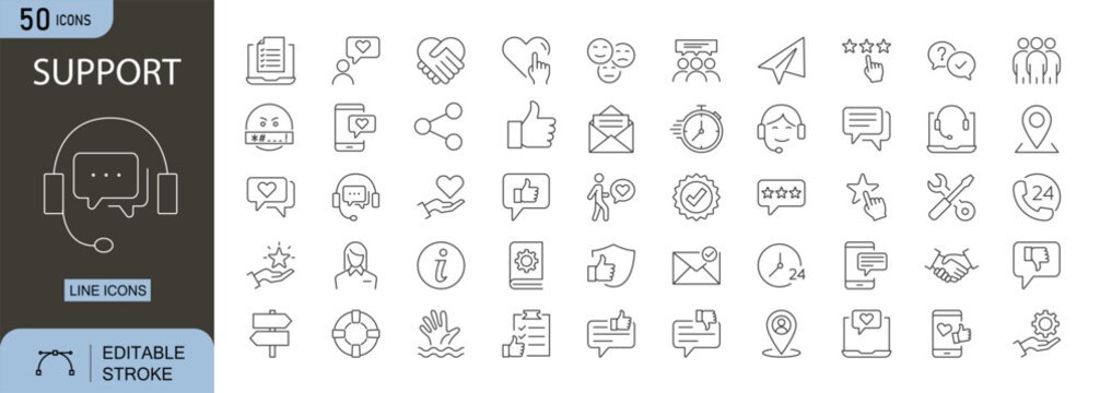 Support icons set. Includes icons for help, assistance, customer service, call center, communication, guidance, and troubleshooting. Editable stroke. Line icons. Perfect for infographics and websites.