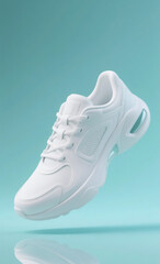A single stylish white athletic shoe floating in the air over a reflective surface on a minimalist pastel blue background