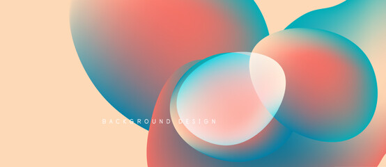 Abstract fluid shapes blend, creating vibrant color gradients. Peach tones dominate, contrasted by blues, reds. Modern design element.