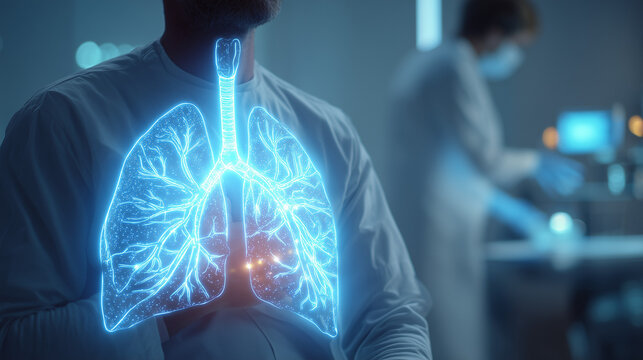 Patient with digital lung scan in medical exam.
