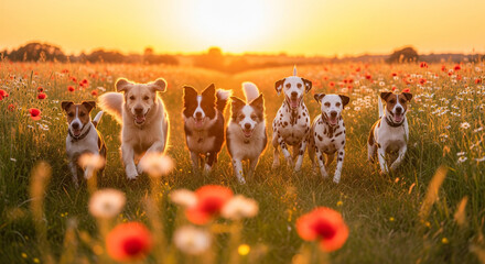 Group of dogs running through a field of flowers