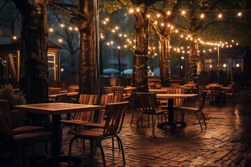 Rainy night at an outdoor cafe in the city with decorative lights