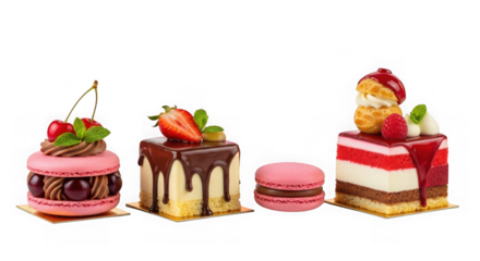 A collection of assorted mini desserts including macarons and cakes topped with fruit and cream, isolated on transparent background