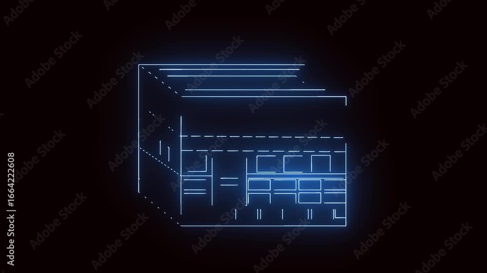 Poster futuristic cityscape neon building blueprint animation abstract architectural design 3d model. anima