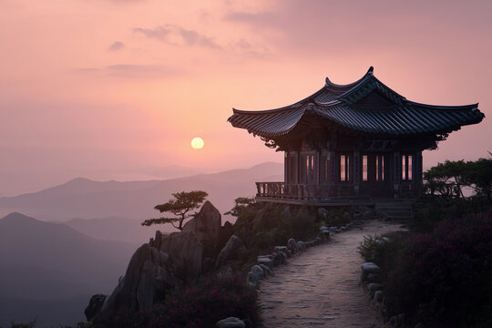 Misty mountain range envelops a serene Taoist temple with a gracefully curved roof as sunlight casts warm hues over the landscape