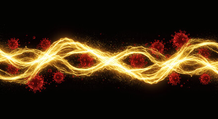 Abstract representation of a virus amidst glowing energy against a black background