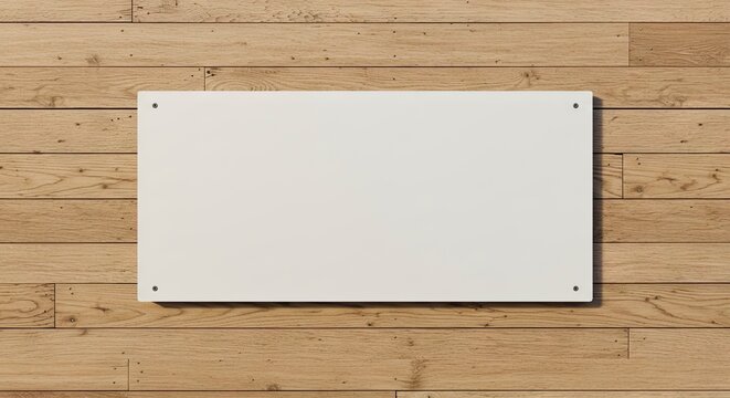 A horizontal white rectangular board affixed to a wooden plank background with visible screws