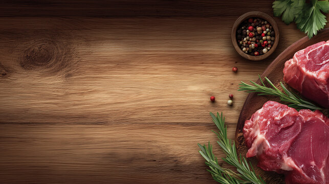 Meat Butcher, fresh cuts of meat on wooden board - Powered by Adobe