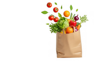 A brown paper grocery bag overflowing with fresh vegetables and fruits, isolated on transparent background