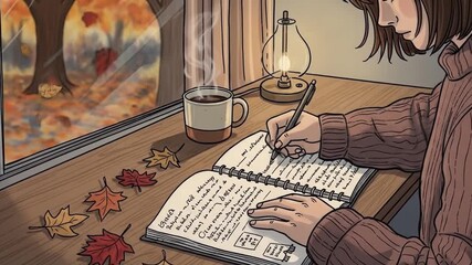 Animated woman journaling by the window on a crisp autumn day, with warm coffee nearby creating a