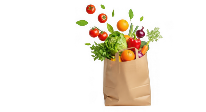 A brown paper grocery bag overflowing with fresh vegetables and fruits, isolated on transparent background