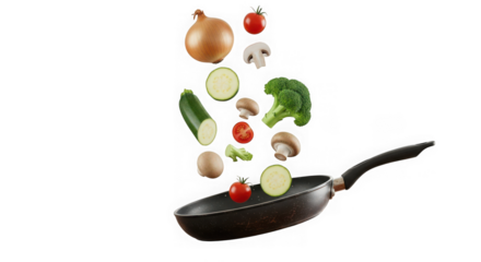 Fresh vegetables falling into a frying pan, isolated on transparent background