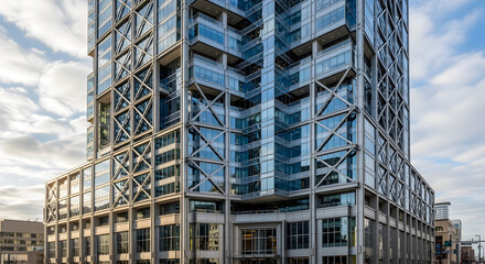 Modern Glass Skyscraper with Unique Exterior Steel Truss Structure Reflecting Dynamic Sky, Contemporary Urban Architecture and High-Rise Design