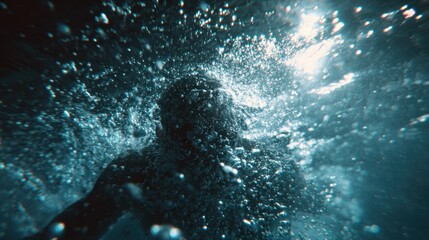 Underwater Silhouette: A person, silhouetted against the luminous water, plunges into a world of serenity, surrounded by a cascade of effervescent bubbles.