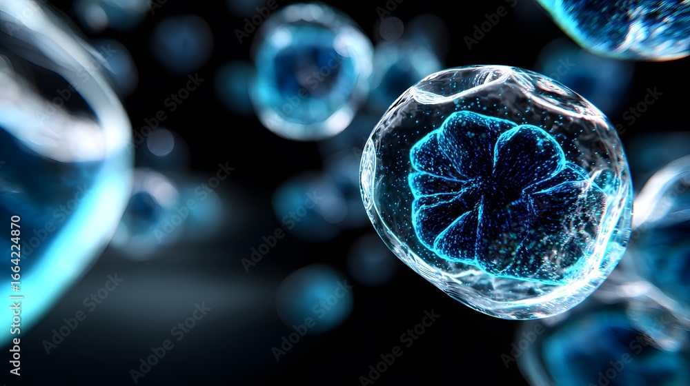 Poster bioluminescent spheres with intricate patterns floating in darkness