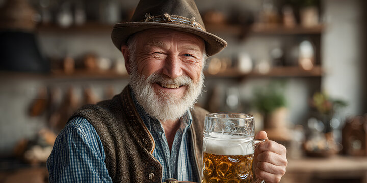 Delighted senior man with beer dressed in traditional Austrian or Bavarian costume holding mug of beer at pub or studio. The celebration, oktoberfest, festival, drinking concept. Flyer with copyspace. - Powered by Adobe