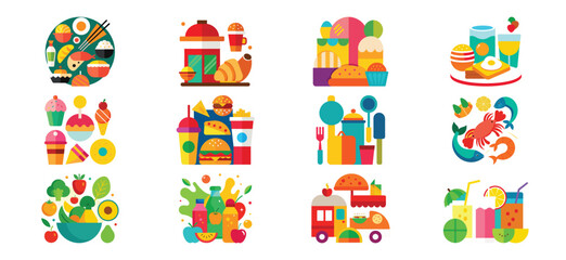 Colorful and Geometric Food Icons Representing Various Cuisines and Meal Types