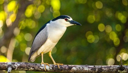 Fototapeta premium A black-crowned night heron perches gracefully on a branch, its profile highlighted against a backdrop of vibrant, out-of-focus greenery.