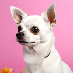 A white Chihuahua sits against a pink backdrop, its dark eyes and nose contrasting sharply