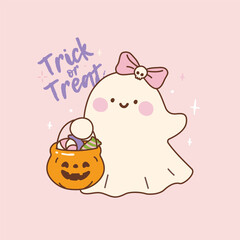 Halloween Cute Ghost cartoon character. trick or treat, candy, sweet, pumpkin bucket, Vector Illustration.
