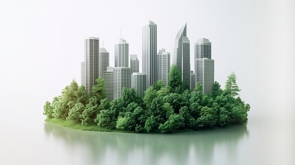 Fototapeta premium Cityscape with green trees at the base of the buildings on a reflective surface against white