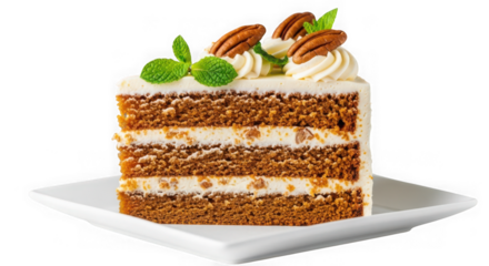 A delicious slice of carrot cake with cream cheese frosting, pecans, and mint garnish, isolated on transparent background