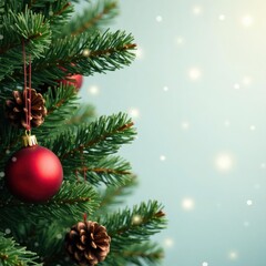 Close-up lush pine branches, sparkling red baubles, elegant star , branches, elegant