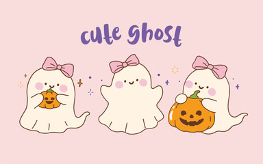Set of cute ghost halloween. Vector Illustration.