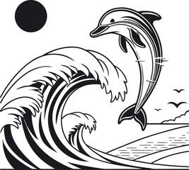 Monochromatic Dolphin Leaping over Waves with a Dark Sun Minimalist Seascape Illustration