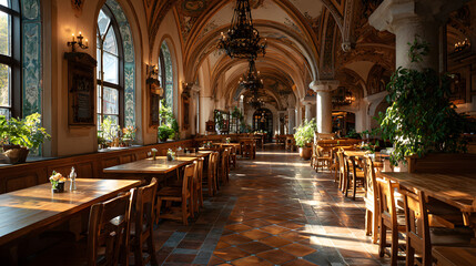 Sunlit Bavarian beer hall interior, empty tables, morning light, restaurant
