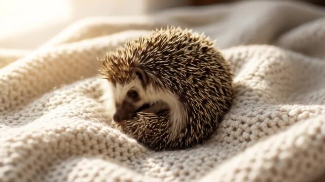Delightful hedgehog curls up on a soft blanket, exhibiting its charming nature and adorable