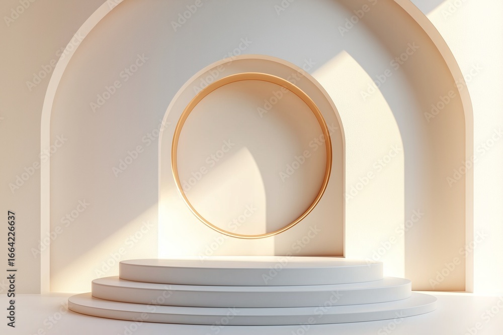 Poster a white platform with arches and a gold circle for product display and presentation in a studio sett