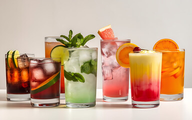 image showcases six colorful cocktails in tall glasses, each with a distinct color and garnish, showcasing a variety of refreshing options.