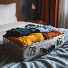 Packed Suitcase with Clothes on Bed