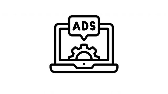 Animated a laptop with a gear and speech bubble saying ads