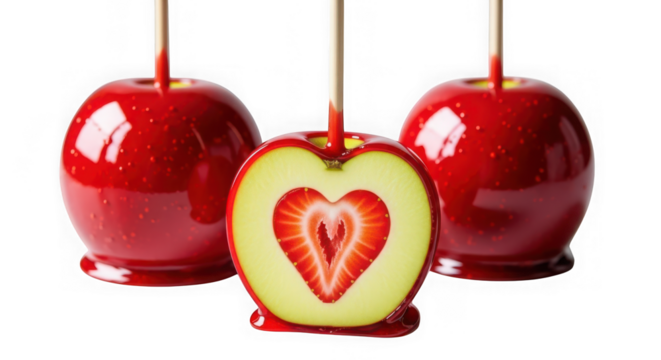 Three red candy apples with a strawberry heart cut out of one, isolated on a transparent background