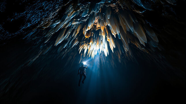 Adventurer Rappels Down into Ice Cave Illuminated by Headlamp Beam