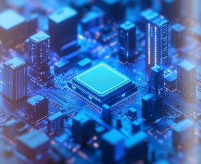 A close up of a blue computer chip with a central processor and surrounding circuit components