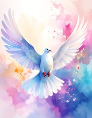 A white dove in flight against a pastel watercolor background