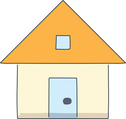 Simple, cartoon-style illustration of a house with a yellow roof and blue door.