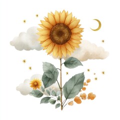 A stylized sunflower and botanicals, nestled within soft clouds, under a crescent moon and sprinkled with stars