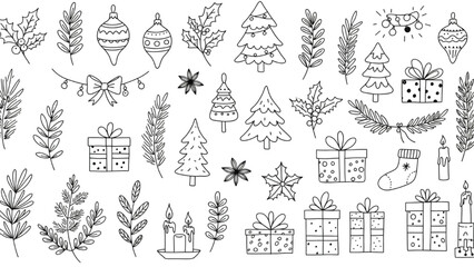 Christmas elements with holiday symbols ornaments trees holly pine leaves gifts and candles in minimal black outline style festive illustration for cards wrapping paper and decorations