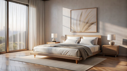 Neutral Toned Bedroom Mockup With Minimalist Frame Contemporary Artwork 